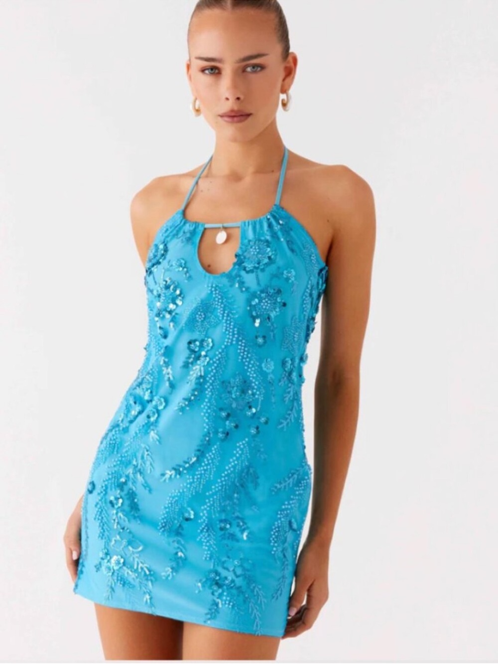 NWT Peppermayo Turquoise Beaded Halter Mini Dress